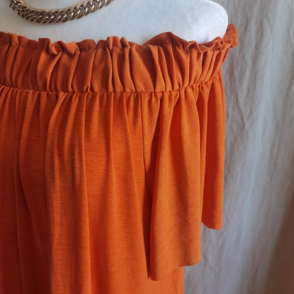 Zara Orange Maxi Dress Roushed Off The Shoulder Flowy Festival